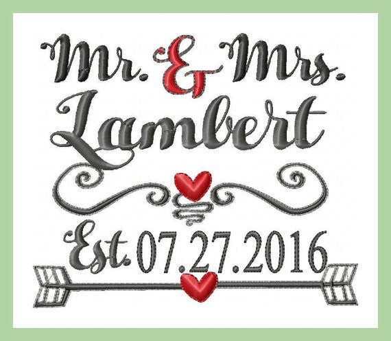 Mr. and Mrs. with Established Date - scrolly heart dividers machine embroidery design